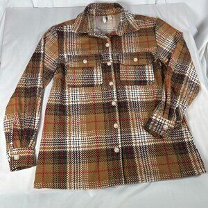 Cato Women’s XS Shacket Brown Red White Plaid Faux Pearl Buttons Soft Warm READ